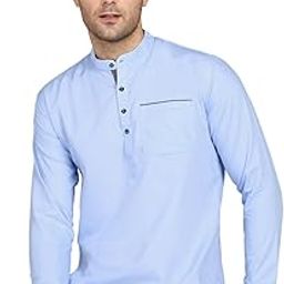 Men's Cotton Blend Short Kurta with Mandarin Collared Neck Full Sleeves Straight Curved Hem Regular Fit One Pockets and Button Down Closure | Short Kurta for Man-image-96