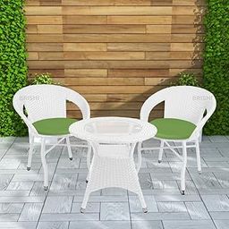 BRISHI Garden Patio Seating Chair and Table Set Outdoor Balcony Garden Coffee Table Set Furniture with 1 Table and 2 Chairs Set with Green Cushion (White)-image-34