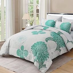 Yiran Grey Aqua Floral Queen Comforter Set Bed in a Bag Soft Microfiber Comforter Bedding Set 90"×90",7 Pieces (1 Comforter,2 Pillowcases,2 Pillow Shams,1 Flat Sheet,1 Fitted Sheet)-3