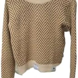 Chevron Pattern Knit Sweater, Long Sleeve Crew Neck, Beige and Brown for Women-4