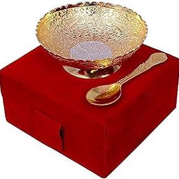 Silver Gold Plated Peacock Embossed Design Brass Bowl Set for Home and Gift Purpose with Velvet Box- (Set of 2 Pcs- 1 Bowl with Spoon)-image-43