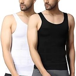 Stretchable Slimming Innerwear Shirt Tummy Tucker Vest for Men Slim Fit Tummy Control Tank Top Compression Vest Men Shapewear - Pack of 2 - Black & White-image-54