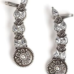 Silver-Toned Ear Cuff Earrings (Leaf Shape), Copper Alloy, Kundan - Womens-image-66