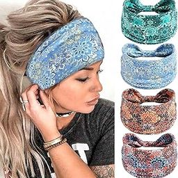 SANNIDHI® 4Pcs Headbands Floral Stretch Head Wraps Bohemian African Turban Hairbands Knotted Bandana Headband Yoga Running Head Scarfs Workout Hair Accessories for Women-image-33