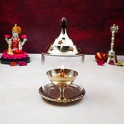 DOKCHAN Brass and Glass Akhand Deep Diya for puja Decorative Oil lamp with Glass Cover Diwali for Pooja Gift Item (Size : 10cm | Weight : 200gm Approxe)-image-0