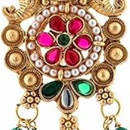 Traditional Indian Brooch or Saree Pin Pendant, Gold-Plated, Pearl and Gemstone Floral Design with Red and Green Beads-image-37