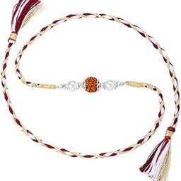 925 Sterling Silver Rudraksh & Pearl Studded Rakhi for Brother Bhaiya | Maroon Cream Thread | Raksha Bandhan Hamper with Roli Chawal Greeting Card-image-37