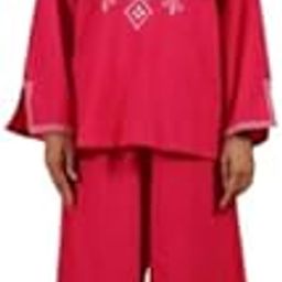 Elegant Embroidered Cotton Co-Ord Set - Vibrant Pink Kurta & Wide-Leg Pants for Effortless Style-image-32