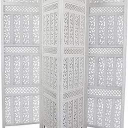 AB Craft 4-Panel Wooden Room Divider Screen, White, Decorative Hand-Carved Floral Design, Lattice Privacy Partition-image-82