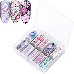 10 Rolls Nail Foil Transfer Sticker DIY Holographic Nail Decoration, 10 Designs Laser Nail Foil Wraps Decal for Fingernails Women, 4x100CM Each roll (#3- Multicolored Flowers Text Patterns)-image-3