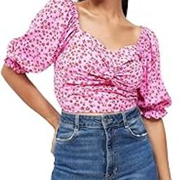 Casual Women's Floral Polyester V Neck Top Pink-image-99