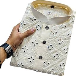 Men's Soft Cotton Kurta Knee Length Mirror Embroidered Traditional Kurta-image-97