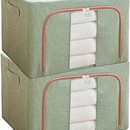 Lavonte 66 Litre Foldable Clothes Storage Box with Steel Frame | Zip Organizer Box for Wardrobe, Sarees, Blankets, Bed Sheets | Oxford Fabric | Stackable (parrot green, pack of 2)-27