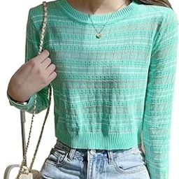 Women's Stretchable Knit-Rib Acrylic Full Sleeves Stripe Crop Top T- Shirt (ONE Size Best fit XS-S) (Green)-image-83