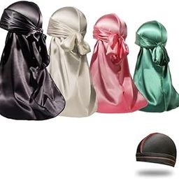4PCS Silky Durags for Men Women 360 Waves with 1 Wave Cap, Silky Satin Durag Extra Long Tails, Black White Green Pink, One Size-Large-14