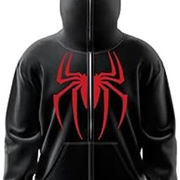 Spidermen Print Stylish Long Sleeves Hooded Neck Full Zip Black Zipper-image-100