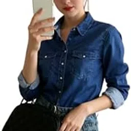 new-18 Women's Denim Shirt Western Outfit Regular Fit Solid Blue Collared Neck Button Down Full Sleeve Stylish Girls Casual Wear-picture-9
