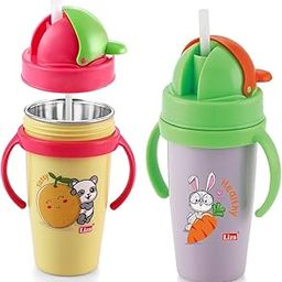 Nabhya Hot & Cold Insulated Stainless Steel 360ml BPA-Free Cute Animal Design Baby Sipper Kids Water Bottle with Straw and Side Handle for Kids (Yellow & Purple - 2pc)-image-6