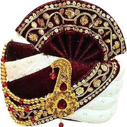 Traditional Wedding Velcro Adjustable Pagdi for Men, Maroon Velvet with Gold Embroidery and Red Beads Pack of 1-image-56
