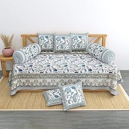 HOKIPO 100% Cotton Jaipuri Gold Hand Block Printed 300TC Design Diwan Set 8Pcs, Size: Single bedsheet (60 * 90 Inch) / 2 Bolster Pillow Covers(16 * 23 Inch)/ 5 Pillow Covers(16 * 16 Inch) (IN-609-D5)-7