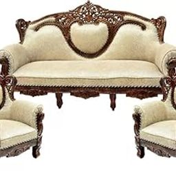 Habiba Arts Store Wooden Solid Wood Carving 5 Seater Sofa Set with Cream Cushions Sofa for Office & Lounge (5 Seater Sofa 3+1+1, Teak Finish)-image-40
