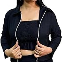 Women's Cropped Tube Top & Zip-Up Jacket – Smocked Strapless Top with Ruffle Hem & Full Sleeve Collar Jacket-image-63