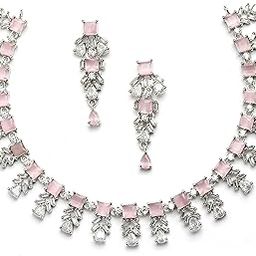 Rose Gold-Plated Leaf shaped Rose Black and White American Diamond Studded Jewellery Set-image-40