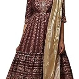 Women's Dark Wine Foil Printed Flared Dress, Tights and Dupatta Set-picture-17