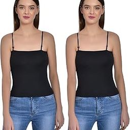 Women's Cotton Sleeveless Square Neck Extra Transparent Removable Strap Spaghetti Camisoles Slip Black L Pack of 2-picture-17