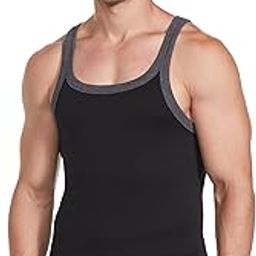 US27 Men's Super Combed Cotton Rib Square Neck Gym Vest (Shoulder Strap Color May Vary)_Black & Charcoal_L-41