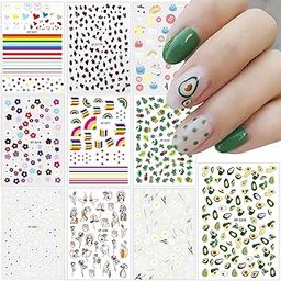 Nail Art Stickers Decals 3D Self-Adhesive Daisy Nail Decals Hawaii Cactus Flower Avocado Leaves Nail Art Designs for Women Girls Kids 10 Sheets Free Tweezer-image-68