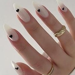 Set Of 14Pc, Press-On Long Almond Glossy White with Black Hearts Design, Nail Extensions With Free Glue Kit-picture-31