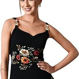 Women's Black Floral Sleeveless Top with Gold Buckle Straps-21