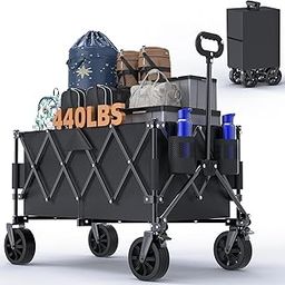 Ajvvf 330lbs Collapsible Wagon Cart with Wheels, Large Capacity Foldable Beach Wagons, Heavy Duty Folding Utility Wagon with Side Pockets, Grocery Wagon for Beach, Camping, Sports, Transport, Black-image-77