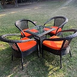 TERRALUXE 4+1 Outdoor Patio Furniture Set, Black Wicker Chairs with Orange Cushions, Square Glass Table Powder Coated Frame UV Protected [D8 Black 4+1 Orange Cushions]-picture-4