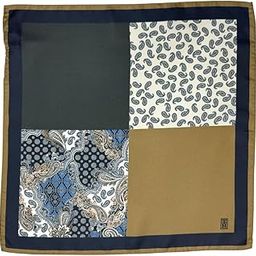Multi-Block in Green, Brown & Blue Paisley Design with Dual Border Italian Silk Pocket Square for Men-image-53