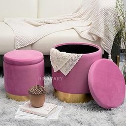 RIBAVARY® Set of 2 Luxurious Storage Ottoman, Round Ottoman with Storage, Abstract Storage Ottoman for Living Room, Storage Ottoman for Bedroom and Living Room.. (Pack of 2, Pink)-image-57