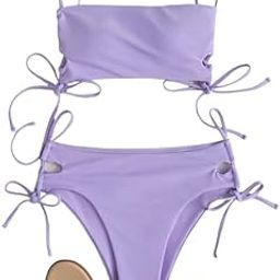 Two Piece Drawstring Bikini Set for Women (Purple) High Waist Swimsuit with Tie Strings, Cute Swimwear, Female Bathing Suit, Beach Vacation Swimwear-picture-13