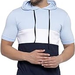 kalt Men Half Sleeves Broad Striped Cotton Blend Hoodie(Navy::White::Sky)-picture-16