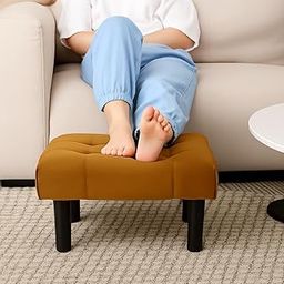 Vrikri Soft Footstool with Wooden Legs, Velvet Upholstered Rectangular Ottoman, Ideal as a Cozy Sofa Footrest, Extra Seating, or Pet Perch in Compact Living Spaces-Brown-image-53