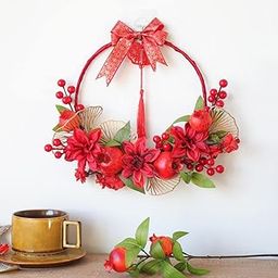 MERISHOPP Novelty Wreath Pomegranate Garland for Front Door Holiday Chinese New Year 50cm Outer Diameter| Artificial Flower Bouquet | Floral Décor for Home-image-22