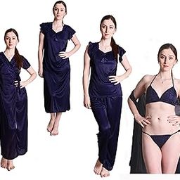 Navy Blue Satin Nightwear 6pc Set of Nighty, Wrap Gown, Top, Pajama, Bra & Thong Nighty Set-image-79