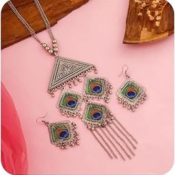 Oxidized Choker Necklace Set For Women | Set Combo With Necklace, Earrings & Mangtika | Classic Vintage Look Colorful Jewellery For Girls-image-94