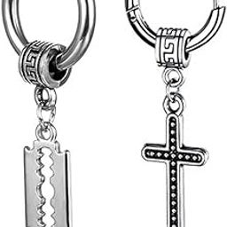 Men Razor Blade Dangle Huggie Punk With Christ Jesus Cross Dangle Hoop Studs Silver Stainless Steel Hoop Earrings-image-60