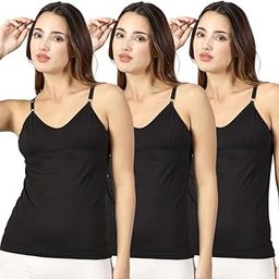 Womens Bra Attached Cotton Camisole, Spaghetti - Black, White, Beige-picture-19
