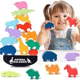 SHINETOY Animal Balance Stacking Game, Wooden Wild Animals, Educational Toys for Ages 3+, 10 Pieces, Multicolour-28