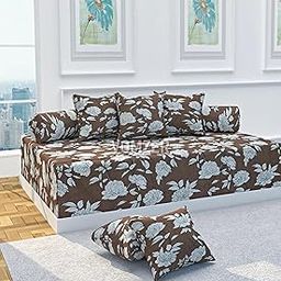 VOMZER Premium Printed 100% Glace Cotton Diwan Set 8 Pieces, 1 Single bedsheet, 5 Cushions Covers and 2 Bolster Covers - (Brown White)-image-4