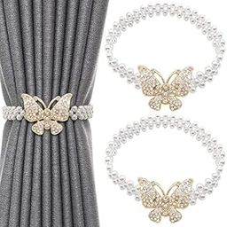 HASTHIP 2Pcs Opaque Curtain Tie Top Backs Metal Tiebacks with Classy Small Pearl Printed Elastic Rope Curtain Holders Tieback for Home Office Hotel Window Drape Decor (Gold)-image-20