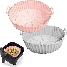 Air Fryer Liners I Round Silicone Basket Baking Tray I Pot with Ear Handles I Nonstick Reusable Heat Resistant I Cooking Oven Insert Accessories - Pink + Grey (8 inch, Pack of 2)-image-16
