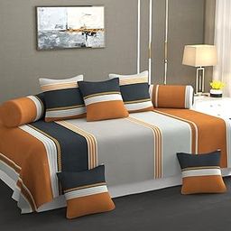 Super Soft Glace Cotton Geometrical Prints Diwan Set for Living Room, Diwan Set Covers Cotton, 8Pc- Striking Parallels- Rust.-image-6
